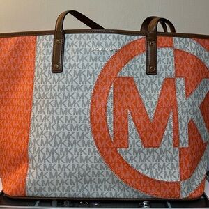 Michael Kors Tangerine and Tan Logo Tote